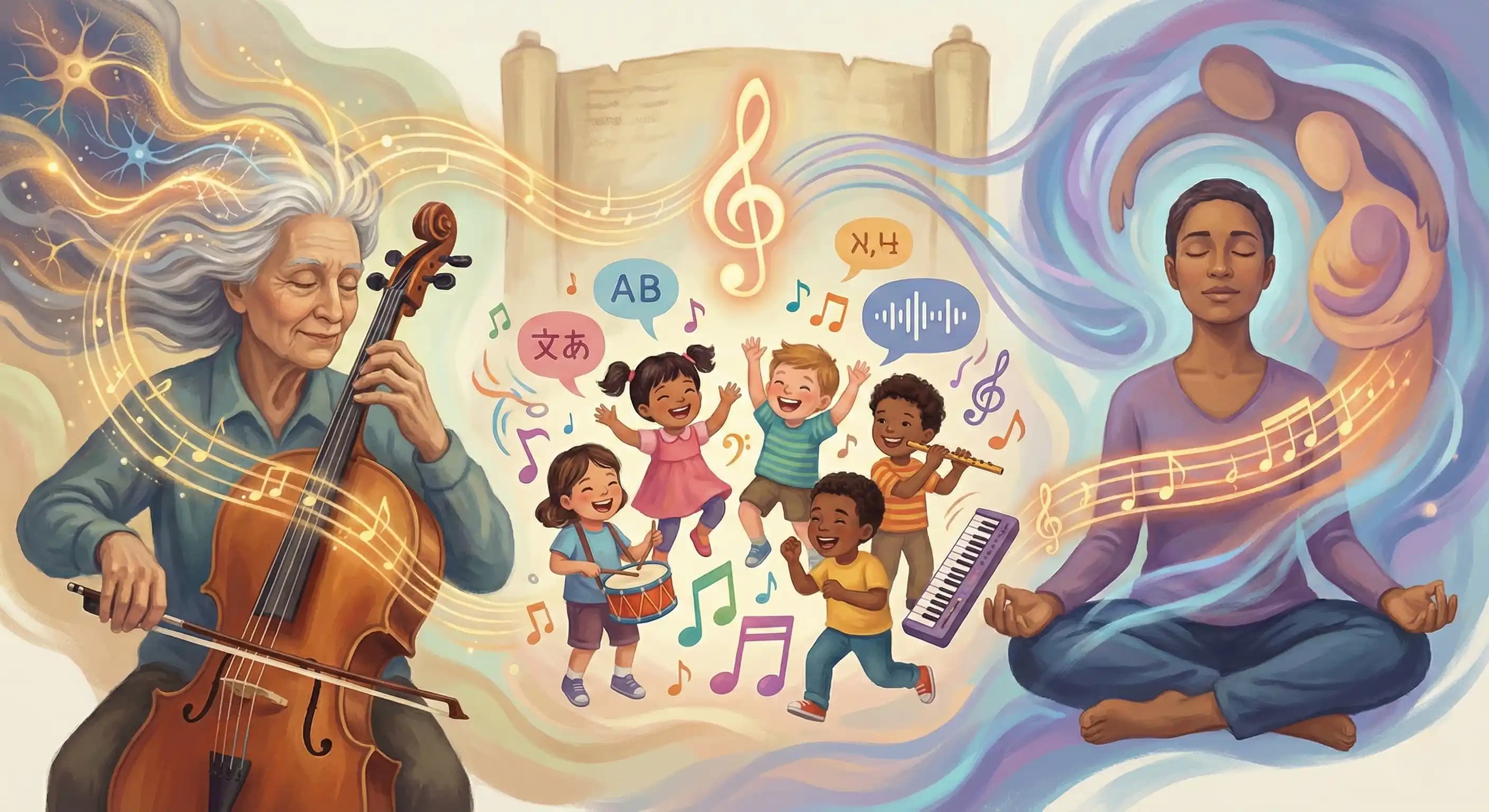 Müziğin Yaşlılarda Nöral Katılım, Çocuklarda İkinci Dil Edinimi ve Yetişkinlerde Psikolojik Belirtilerin Azaltılmasındaki Rolü